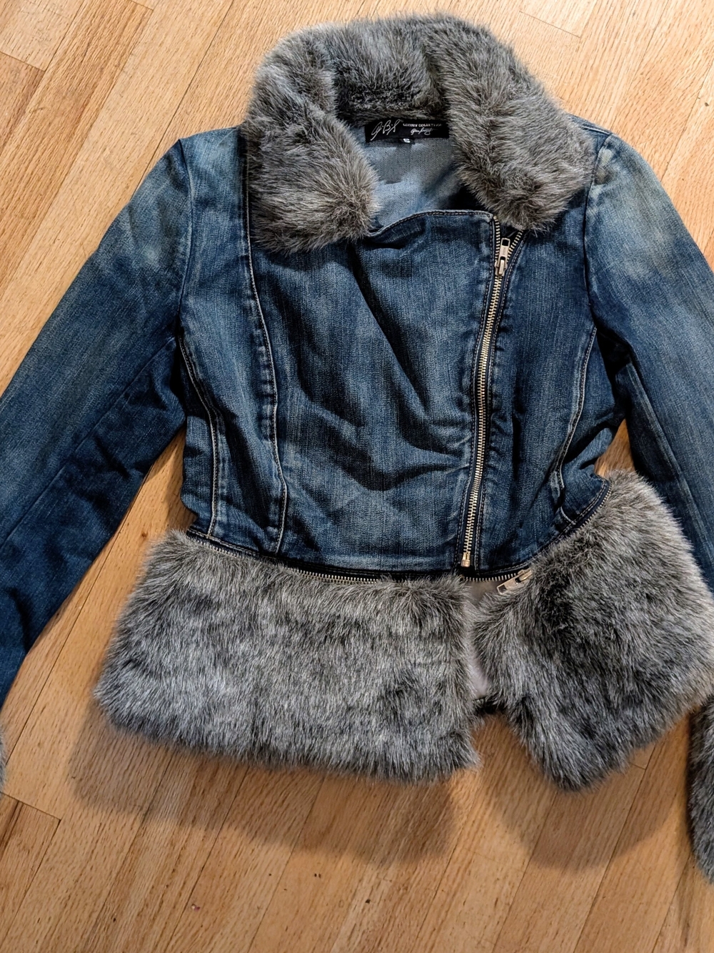 Faux Fur-Trimmed Denim Jacket in Blue and Gray - Women